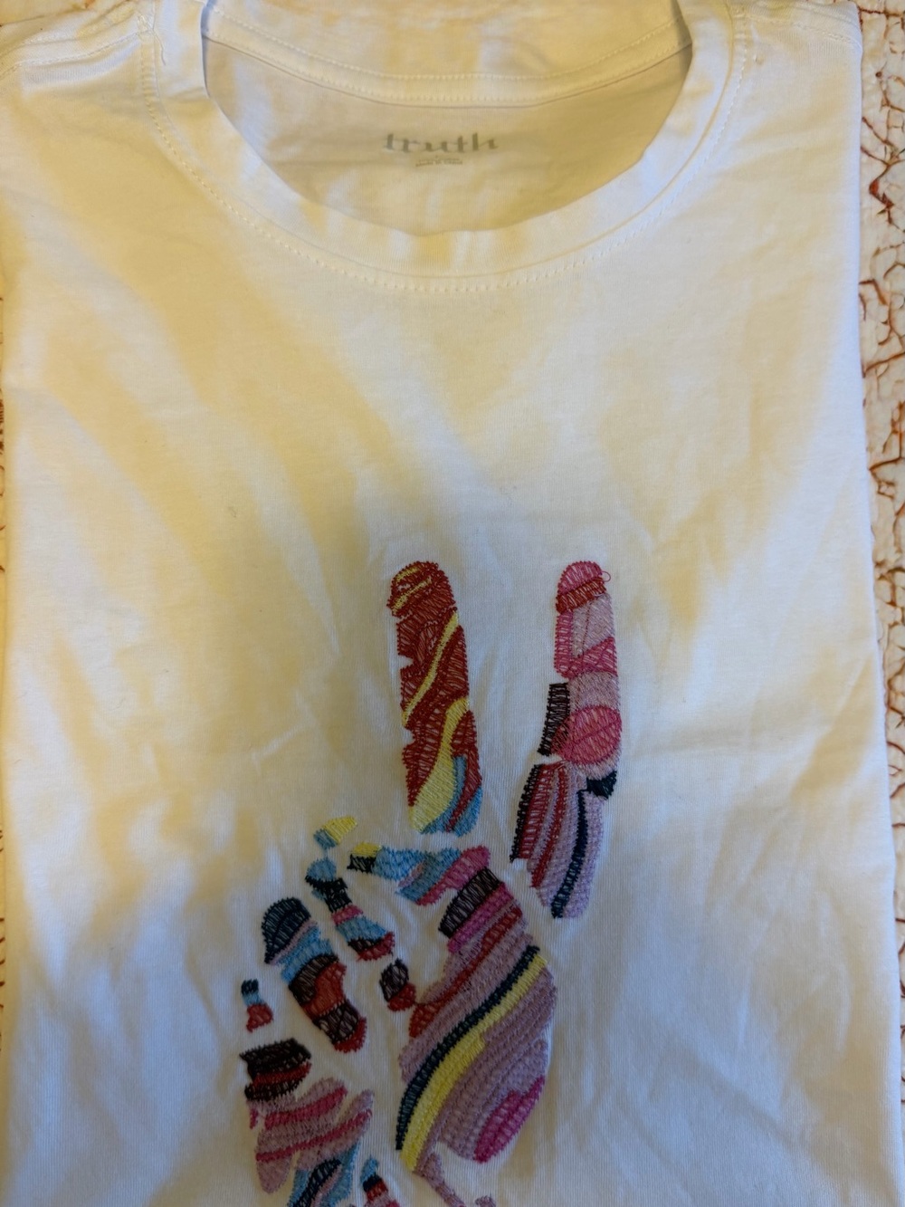 White Tee with Colorful Peace Sign Embroidery - Picture 3 of 4